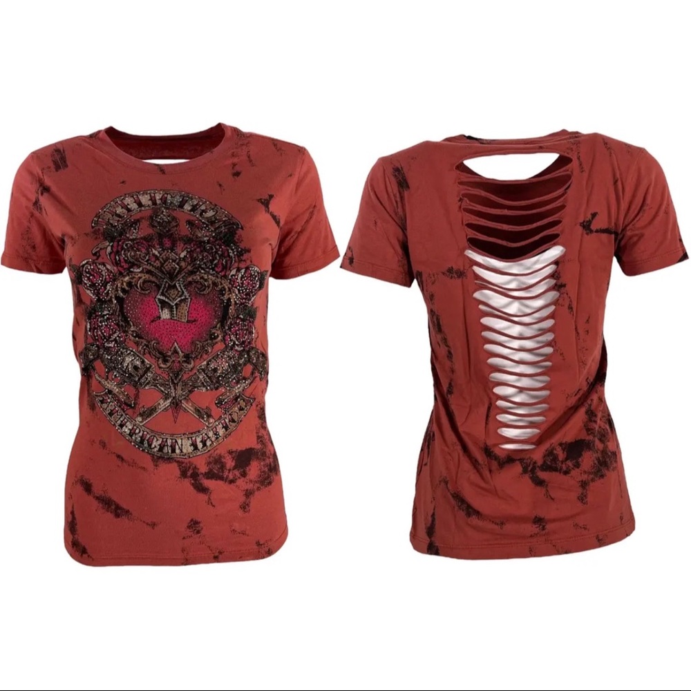 Affliction Women's T-Shirt Smoking Guns Biker Tattoo